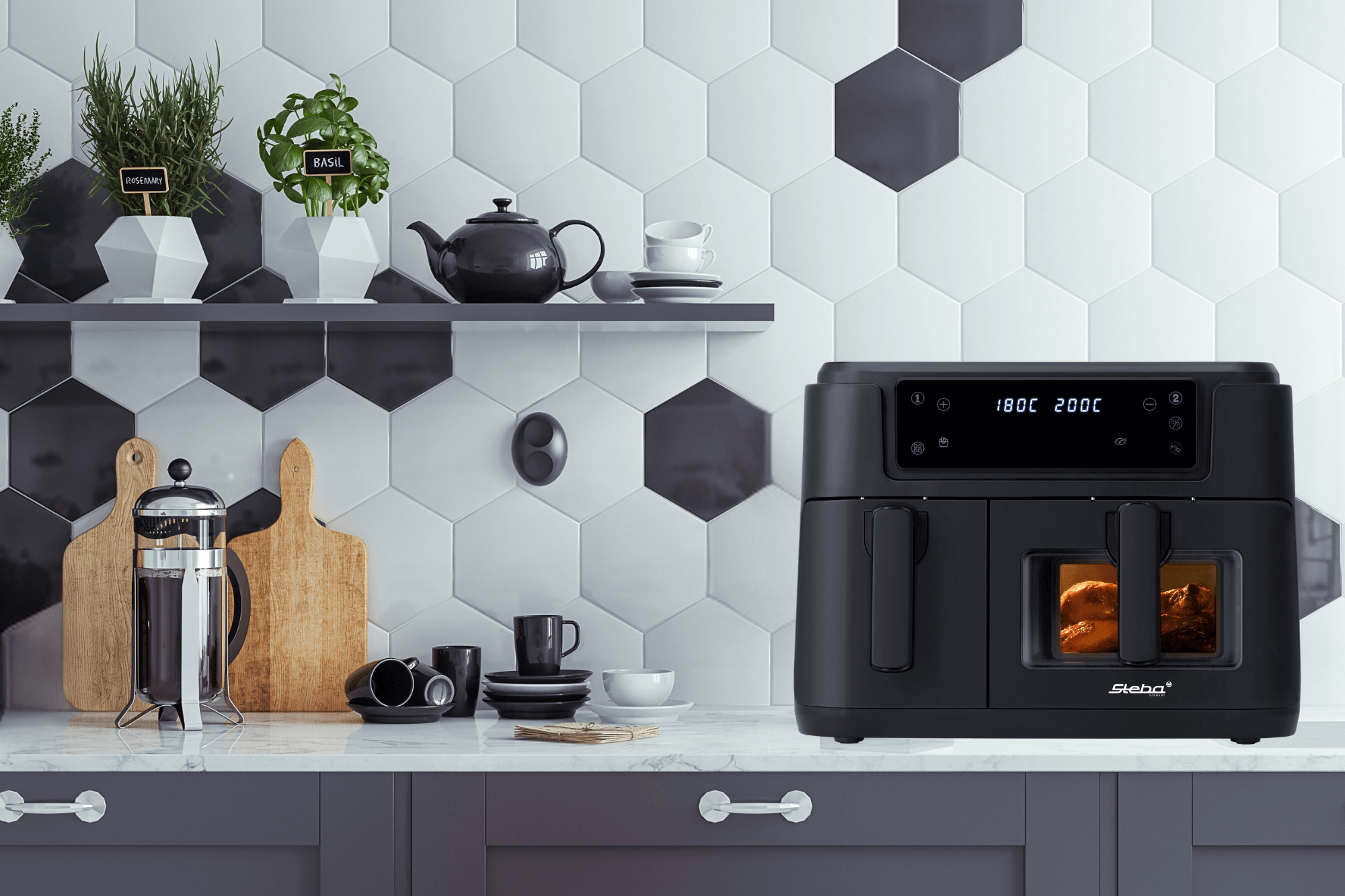 Steba HF 9501 DUO BLACK Heißluftfritteuse – Doppelkammer-Fritteuse für fettarmes, gesundes Kochen 3