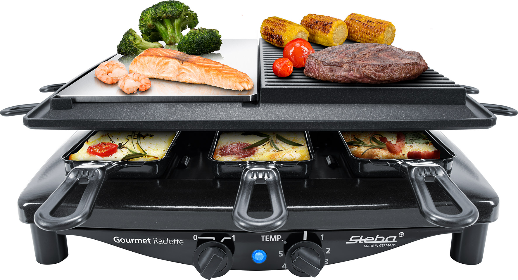 Steba RC 8 Raclette Black Steel mit Grillplatte – Tischgrill für 8 Personen, Antihaftbeschichtung